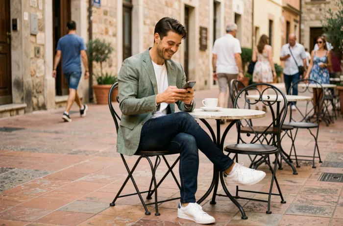 Homme élégant en blazer en lin vert sage assis à la terrasse d'un café méditerranéen avec un style décontracté et moderne