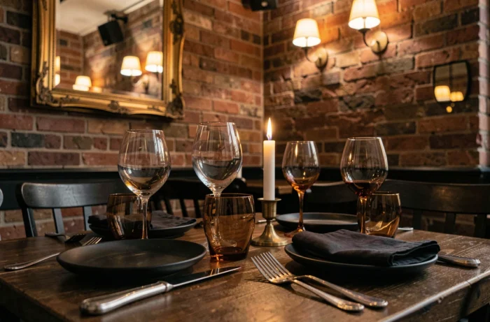 Table de dîner intime pour deux avec vaisselle en céramique noire mate, verres ambrés et couverts en argent dans un bistrot parisien à l'atmosphère chaleureuse