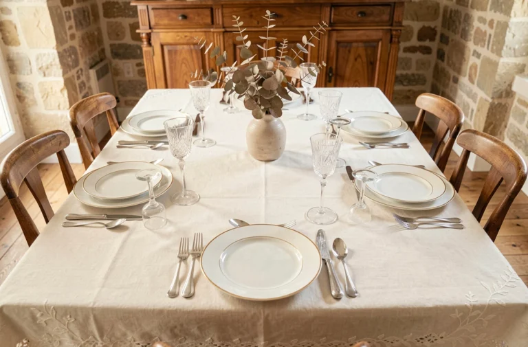 Table dressée avec vaisselle élégante en porcelaine blanche à liseré doré, verres en cristal et couverts en argent sur nappe en lin brodée dans un appartement parisien