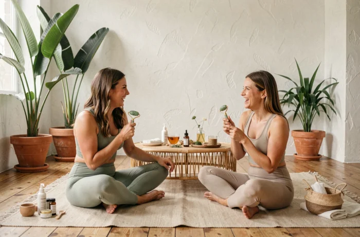 Deux femmes souriantes pratiquant un massage facial au rouleau de jade dans un espace bien-être chaleureux et naturel