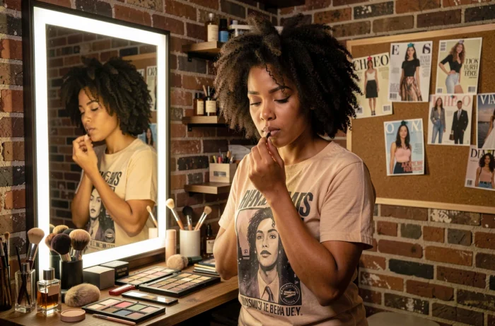 Femme aux cheveux naturels appliquant un rouge à lèvres nude devant un grand miroir entouré de produits de maquillage