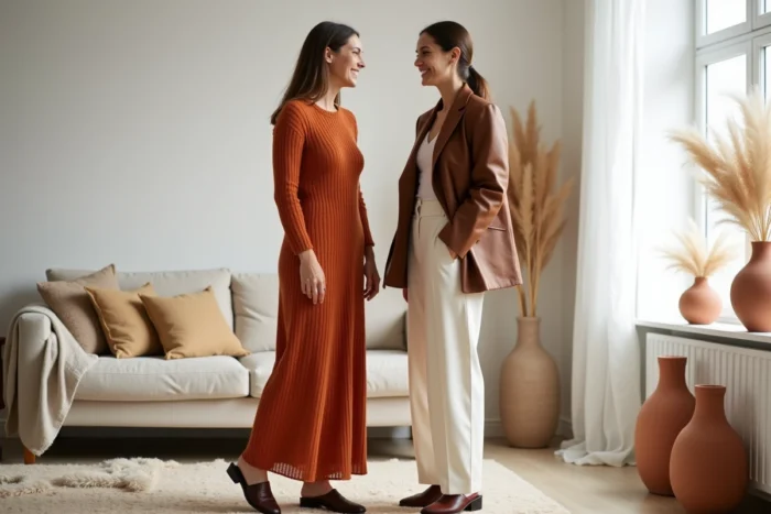 Deux femmes en tenues tendance saison dans un appartement scandinave lumineux, mode féminine automne-hiver