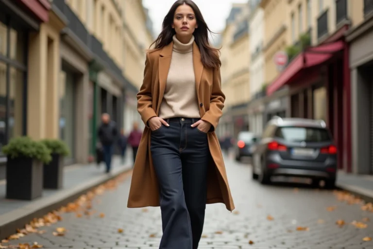 Femme élégante en manteau camel et jean large marchant dans une rue parisienne pavée en automne, look mode tendance saison