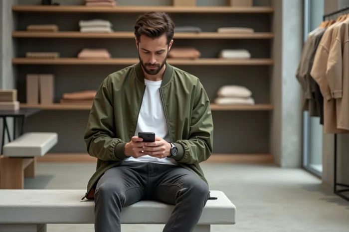 Homme tendance en bomber jacket olive assis dans un concept store moderne, style mode urbain masculin saison