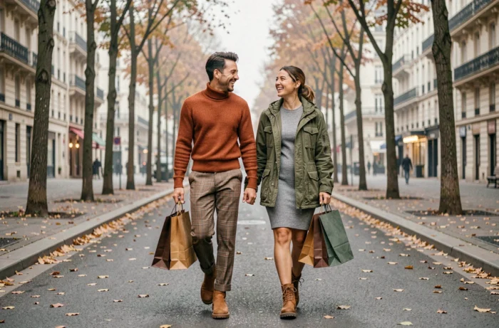 Deux amies aux styles complémentaires marchant et riant dans une rue parisienne bordée d'arbres aux couleurs automnales