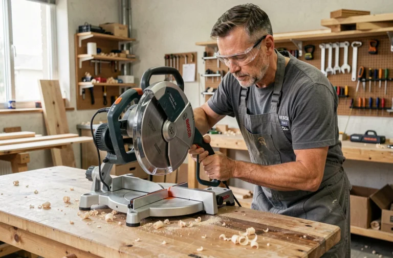 Artisan professionnel utilisant la scie radiale Bosch GCM 12 GDL dans un atelier de menuiserie
