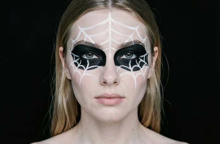 Look de maquillage Halloween avec paupières entièrement noires et toile d'araignée tracée en blanc par-dessus pour un effet négatif saisissant