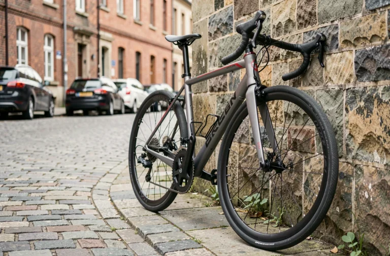 Vélo de route Triban RC120 appuyé contre un mur en pierre dans une rue urbaine pavée