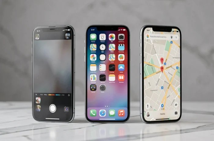Trois smartphones modernes disposés sur une surface en marbre blanc présentant différentes interfaces et applications récentes
