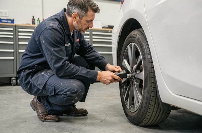 Technicien automobile vérifiant la pression des pneus d'une Toyota Yaris hybride blanche avec un manomètre numérique dans un garage
