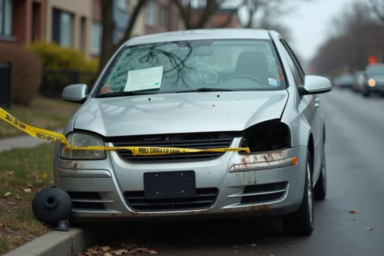 Voiture accidentée placée sous scellé avec ruban de police jaune et avis officiel collé sur la vitre