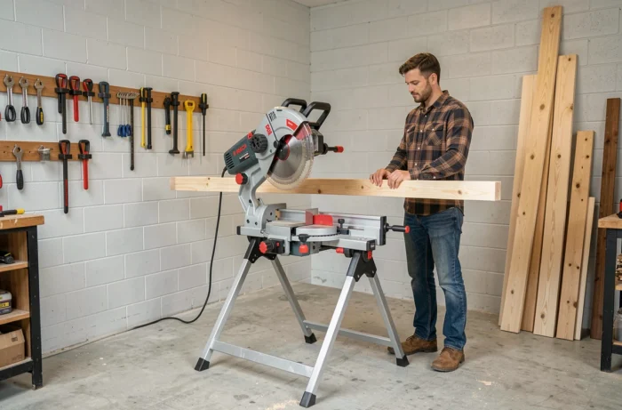 Vue d'ensemble de la scie Bosch GCM 12 GDL installée sur son pied dans un atelier garage