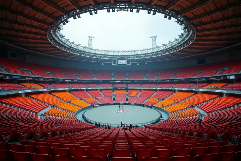 Vue panoramique intérieure de la Bercy Arena montrant les rangées de sièges colorés et la disposition des tribunes avant un concert