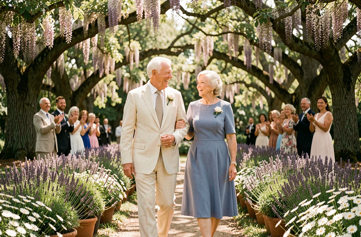 Un couple de grands-parents marchant joyeusement dans l'allée d'un mariage en plein air, évoquant What a Wonderful World