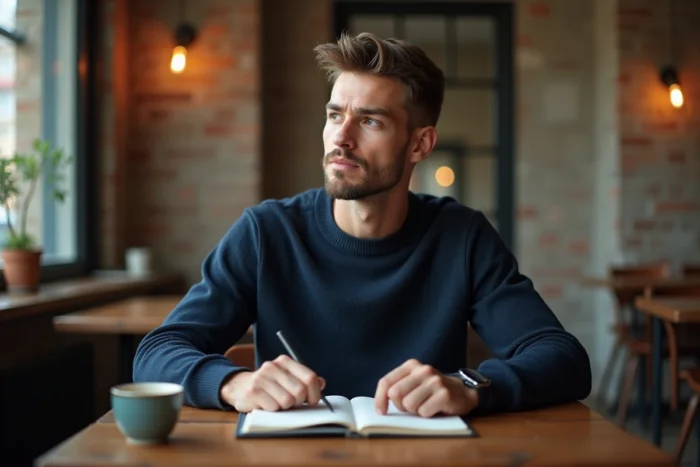 Homme pensif attablé dans un café parisien avec un carnet et un café, illustrant l'intimité et la personnalité de Yoann Usai