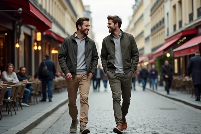 Deux hommes marchant ensemble dans une rue pavée de Paris, évoquant la vie de couple et l'intimité partagée
