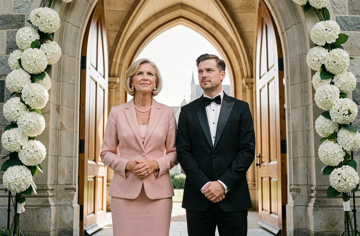 Une mère émue avec son fils à l'entrée d'une cathédrale lors d'un mariage, évoquant You Raise Me Up